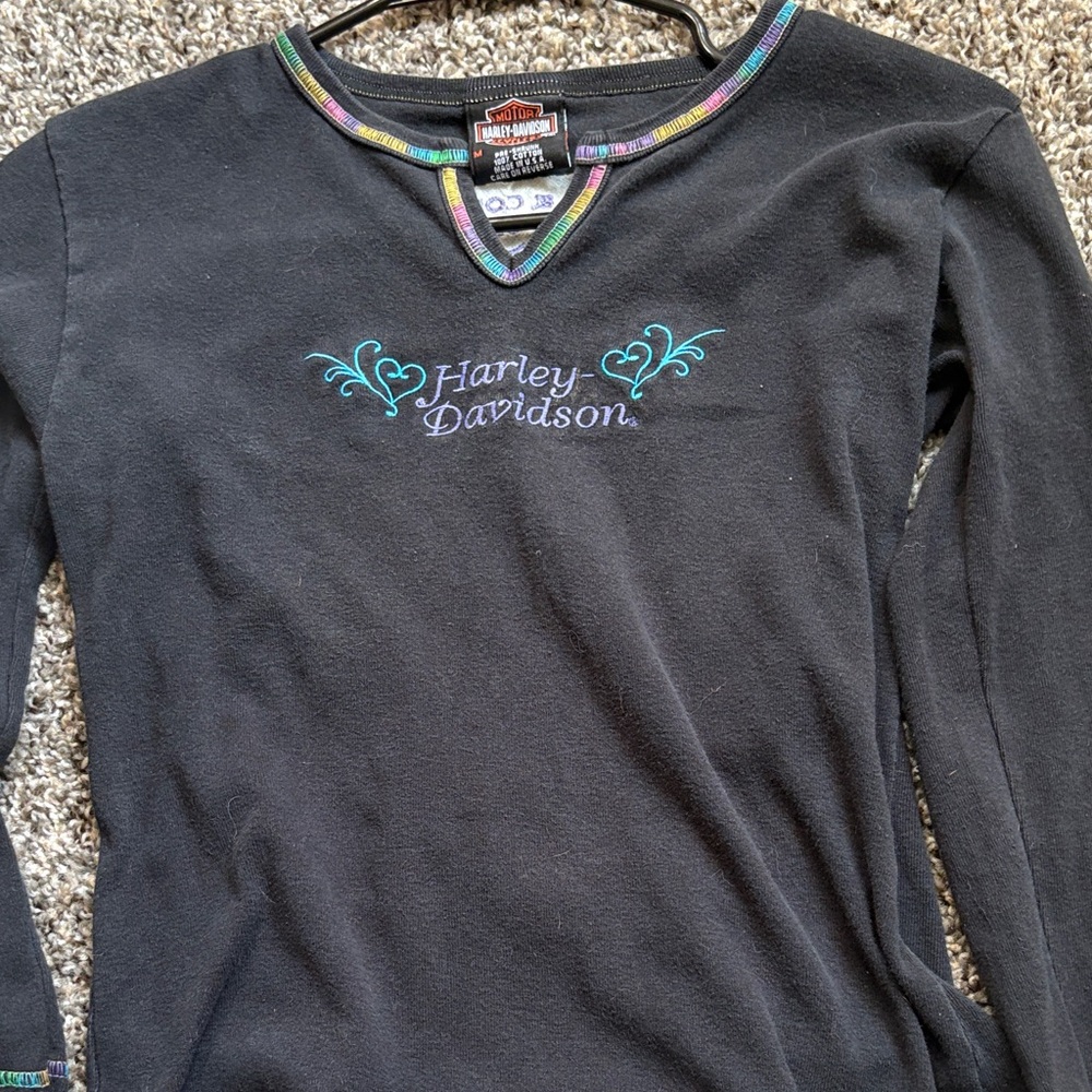 Harley-Davidson Black Long-Sleeve Top with Teal Embroidery and Multicolor Trim